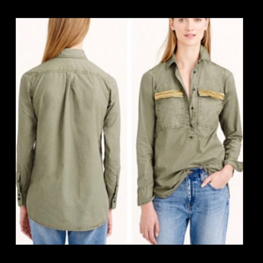 J. Crew army green gold beaded chevron pop over blouse